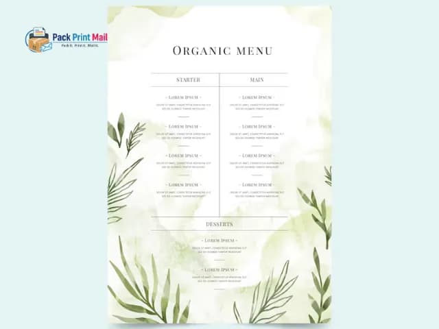 Natural Menus printed product preview from Pack Print Mail