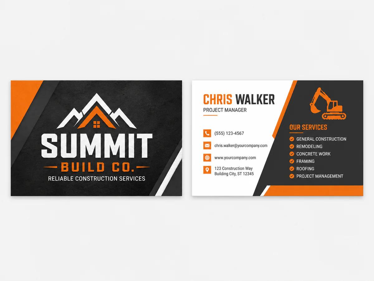 Construction Orange & Black business card template preview