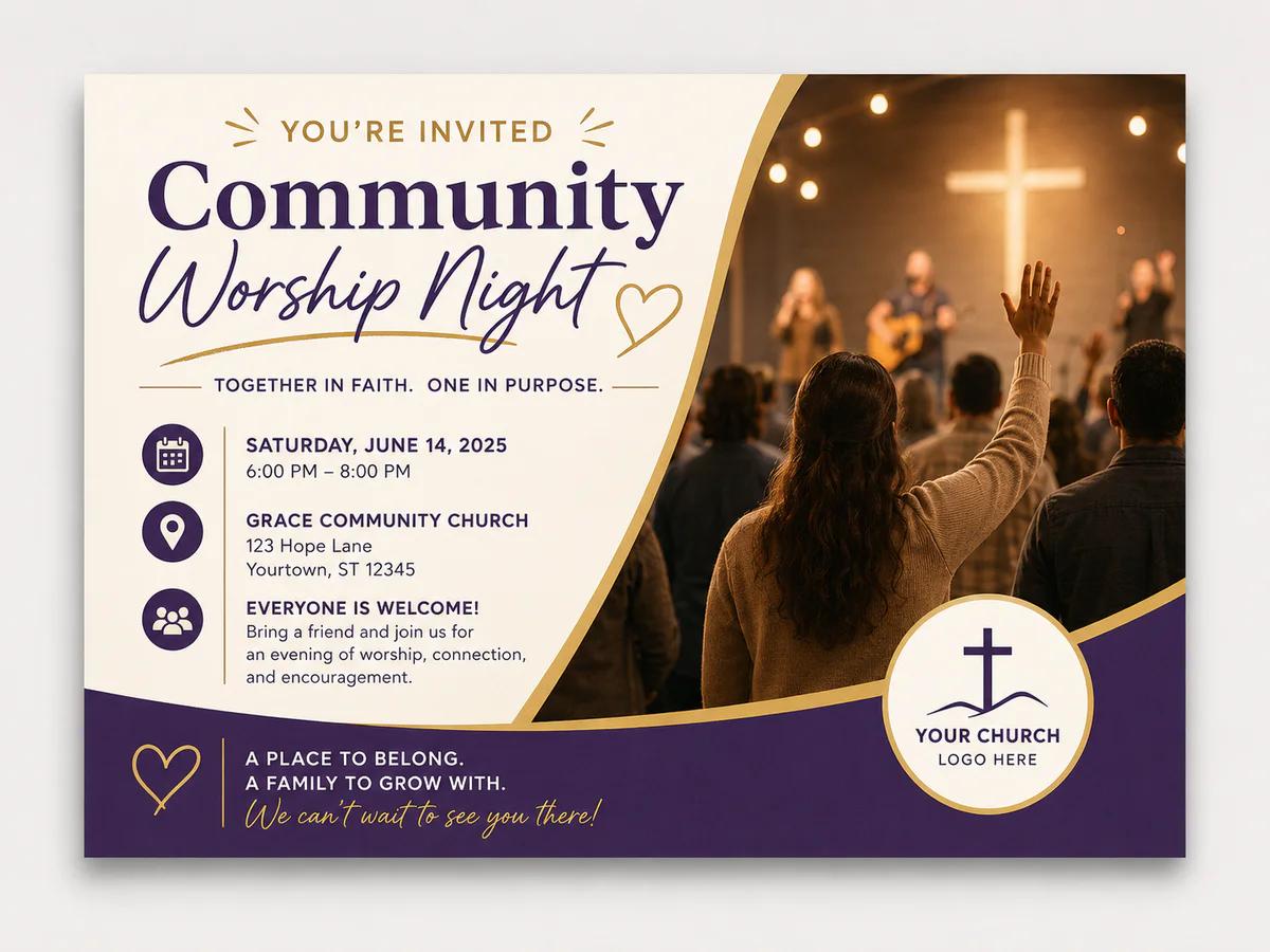 Community Worship Night postcard template preview