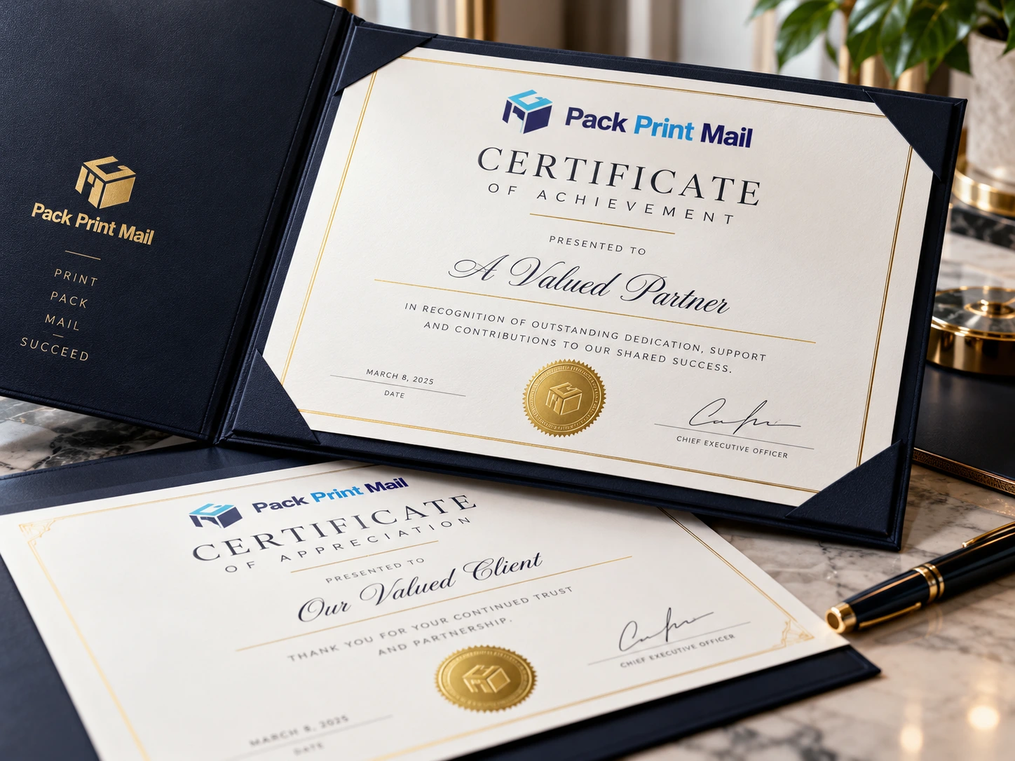 Certificates printed product preview from Pack Print Mail