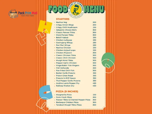 Common Menus printed product preview from Pack Print Mail