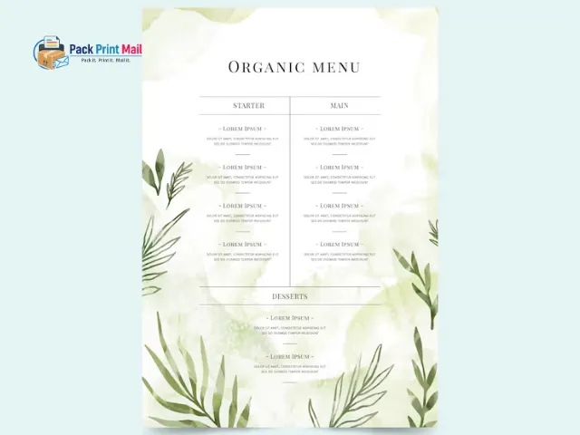Natural Menus printed product preview from Pack Print Mail